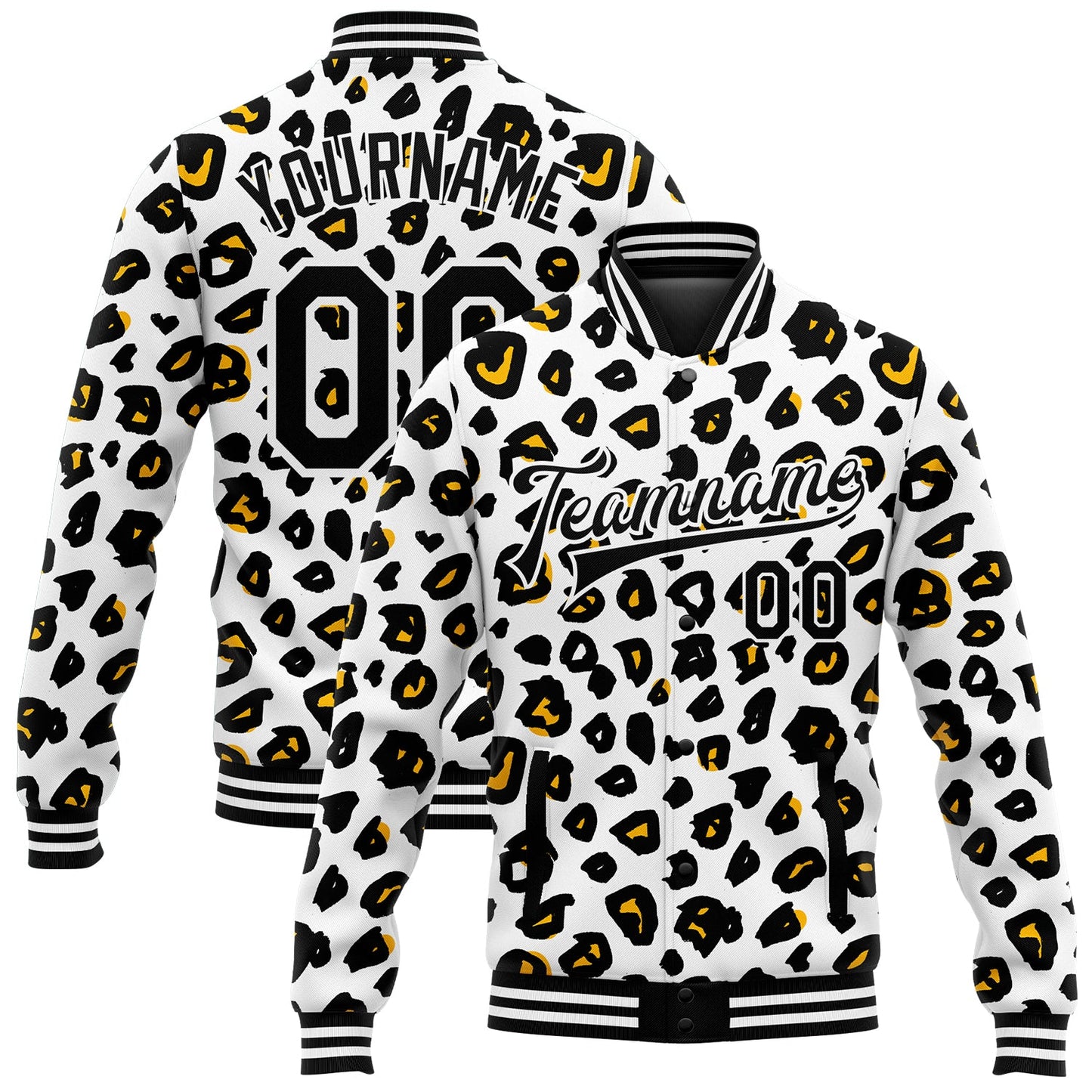 Custom White Black Leopard Print 3D Pattern Design Bomber Full-Snap Varsity Letterman Jacket - Main View