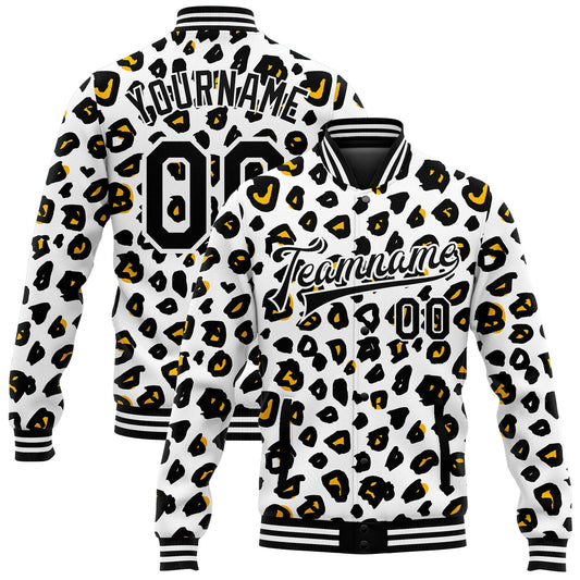 Custom White Black Leopard Print 3D Pattern Design Bomber Full-Snap Varsity Letterman Jacket - Main View
