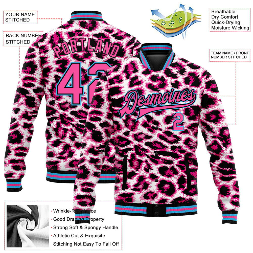 Custom Pink Sky Blue-Black Leopard Print 3D Pattern Design Bomber Full-Snap Varsity Letterman Jacket view 5