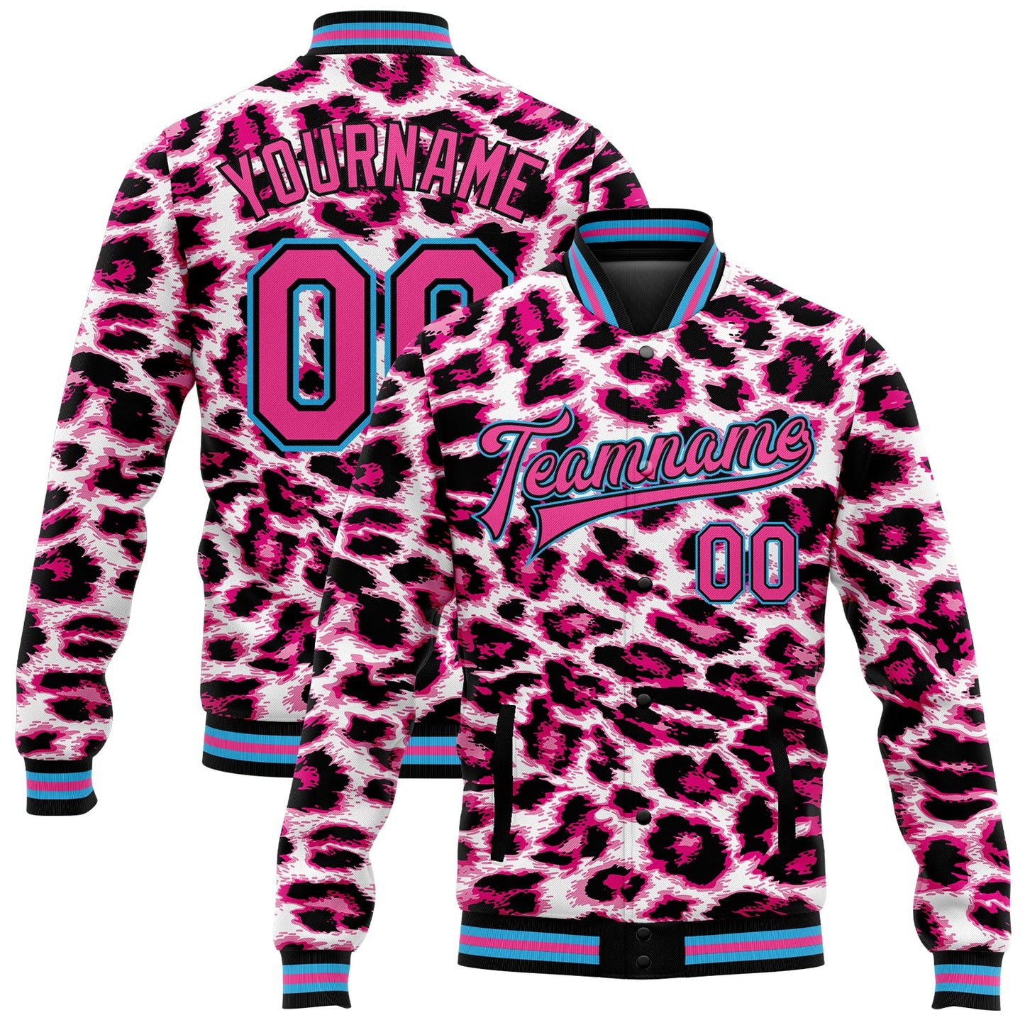 Custom Pink Sky Blue-Black Leopard Print 3D Pattern Design Bomber Full-Snap Varsity Letterman Jacket - Main View