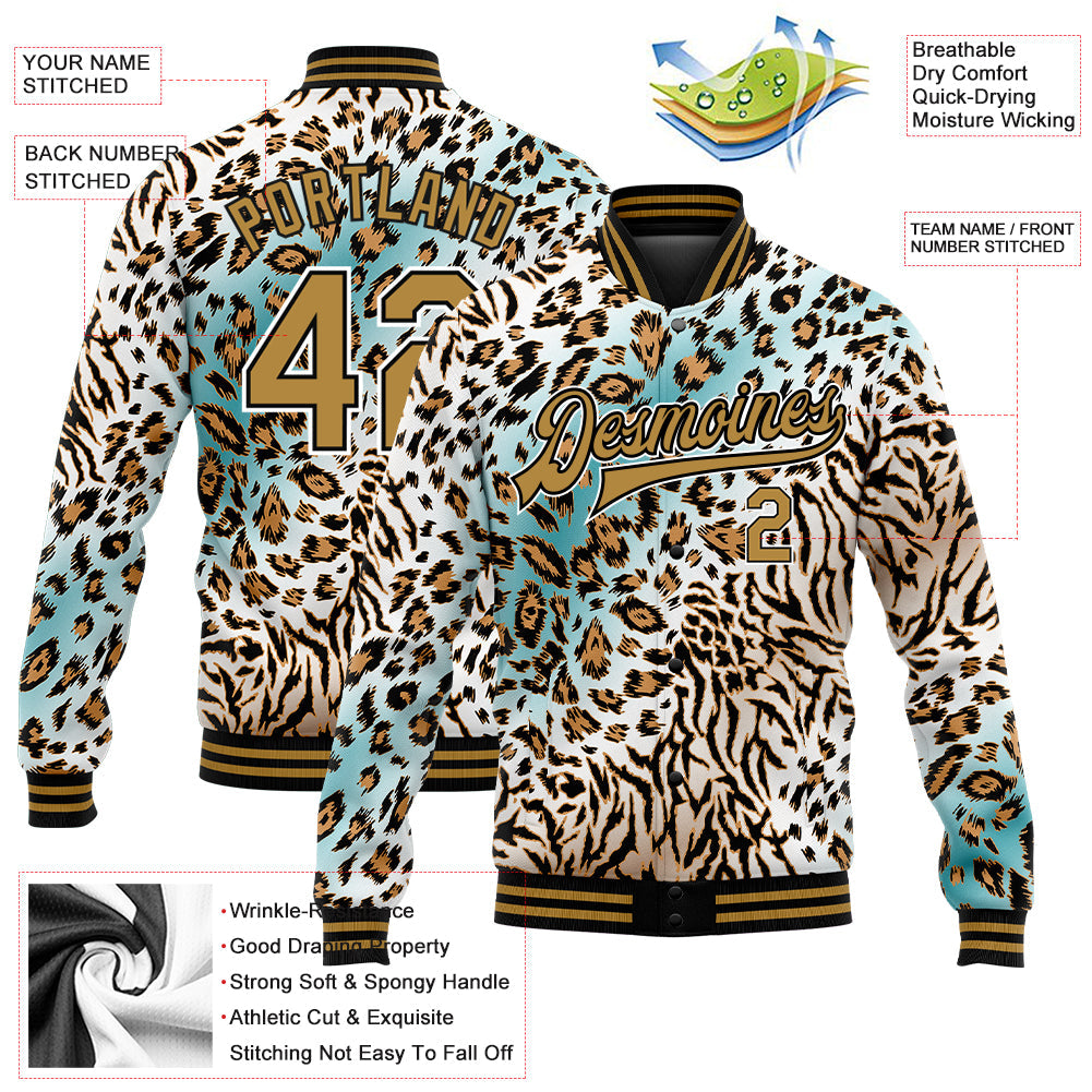Custom White Black-Old Gold Leopard Print 3D Pattern Design Bomber Full-Snap Varsity Letterman Jacket view 5