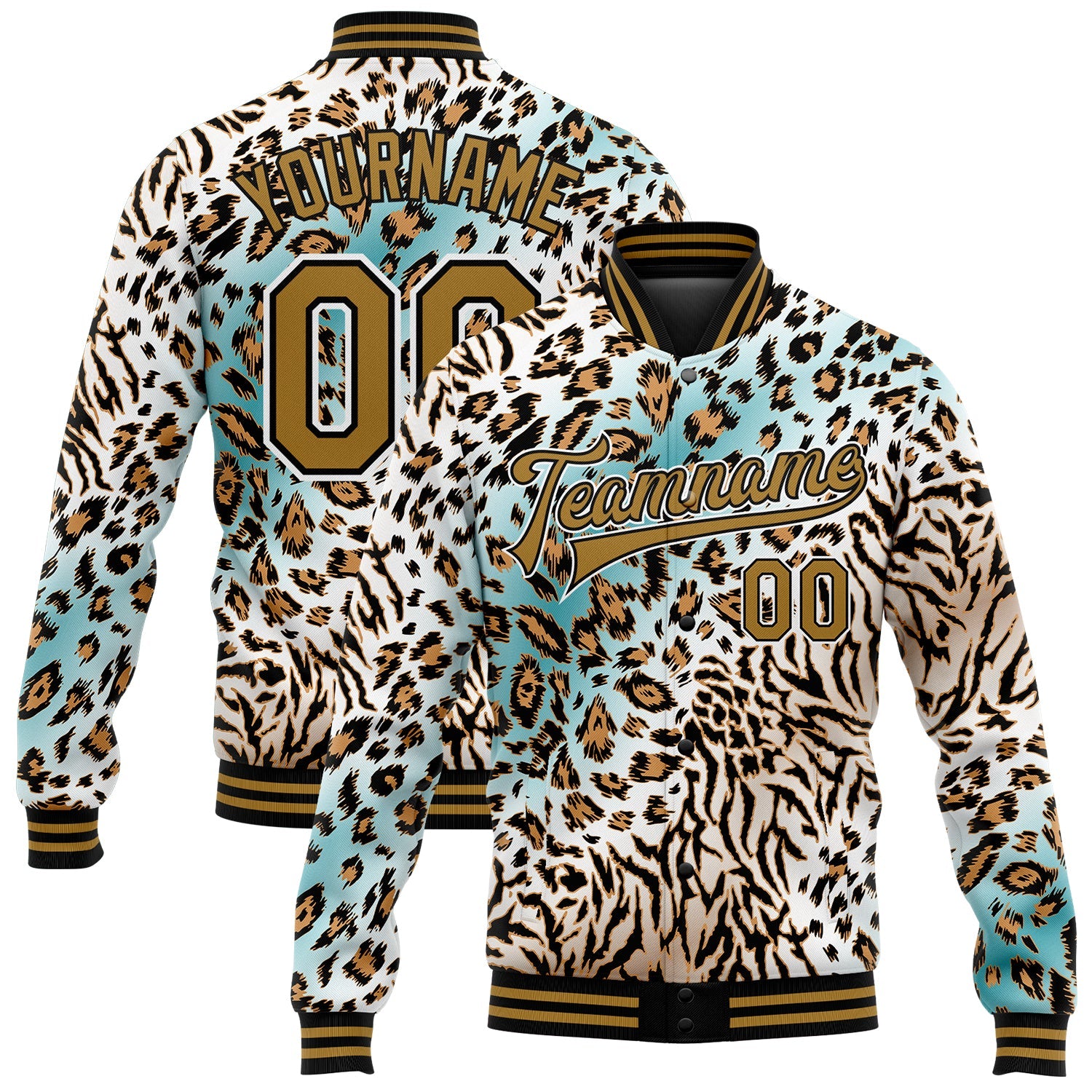 Custom White Black-Old Gold Leopard Print 3D Pattern Design Bomber Full-Snap Varsity Letterman Jacket - Main View