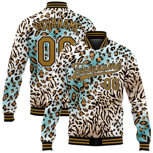 Custom White Black-Old Gold Leopard Print 3D Pattern Design Bomber Full-Snap Varsity Letterman Jacket - Main View