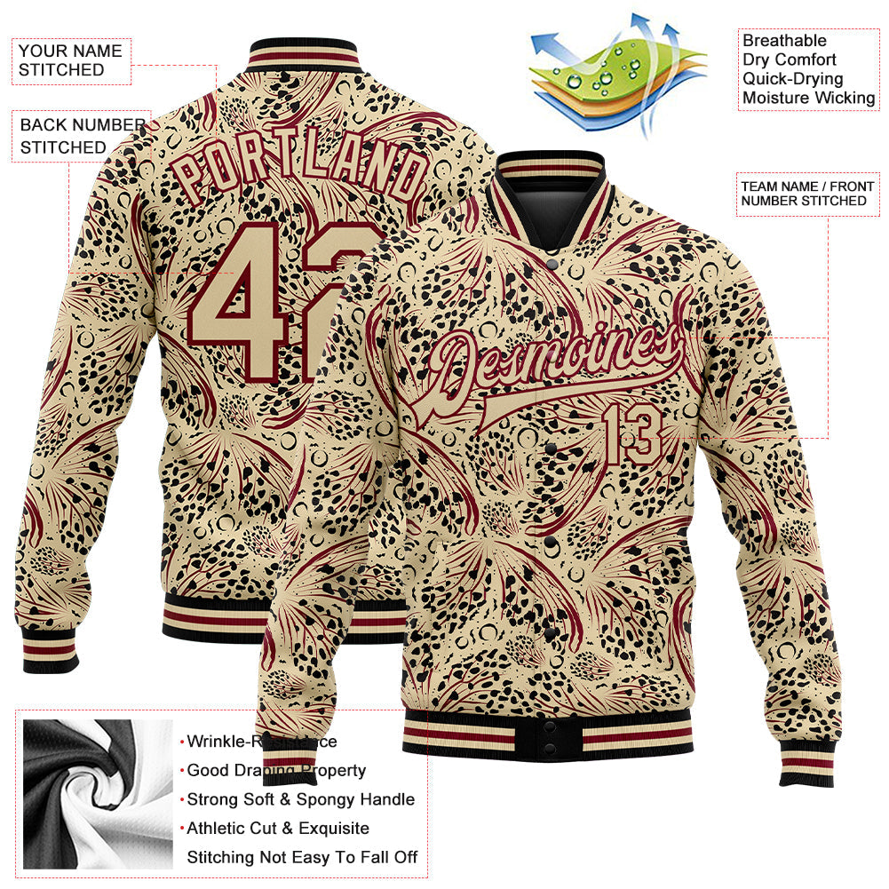 Custom City Cream Crimson-Black Animal Print 3D Pattern Design Bomber Full-Snap Varsity Letterman Jacket view 5