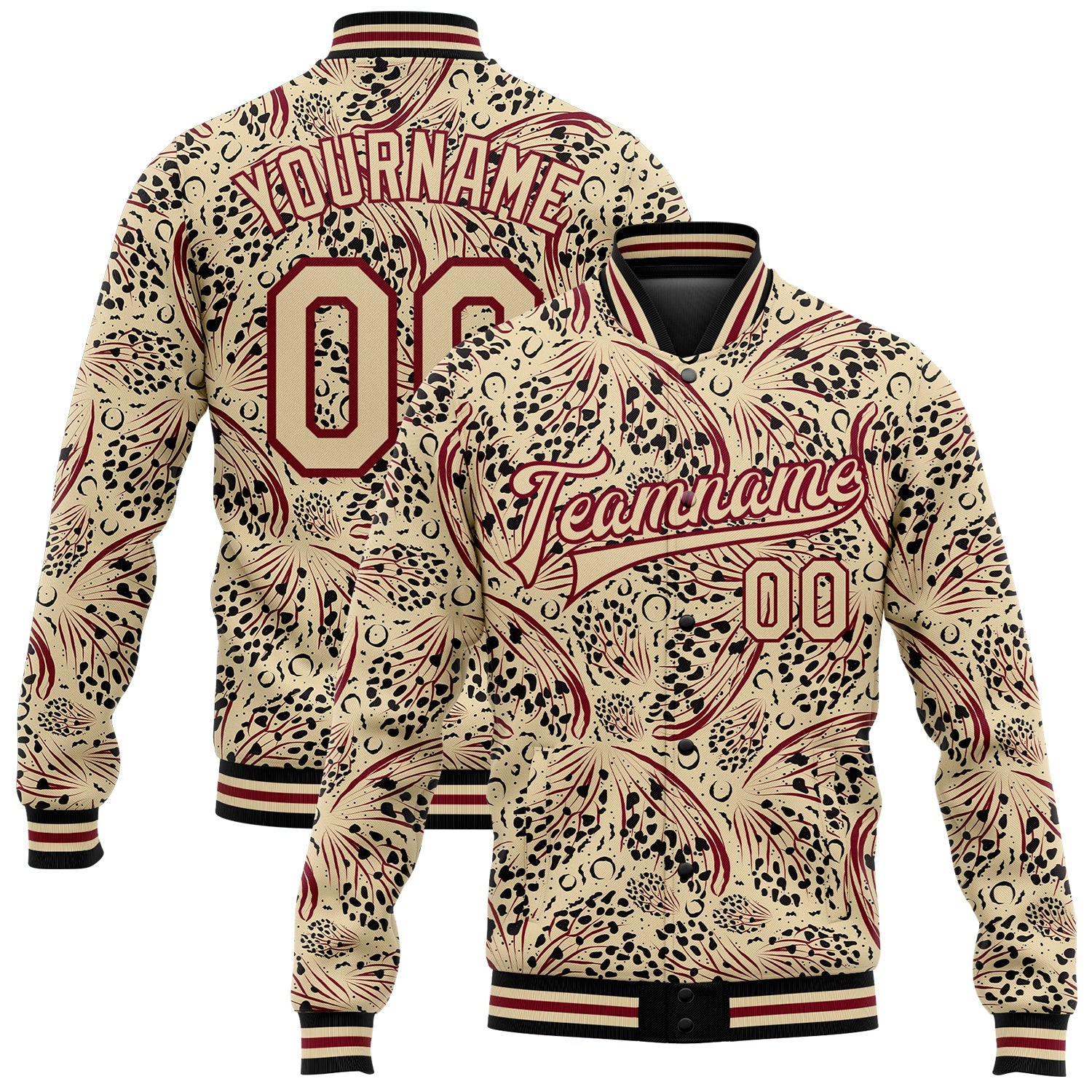 Custom City Cream Crimson-Black Animal Print 3D Pattern Design Bomber Full-Snap Varsity Letterman Jacket - Main View