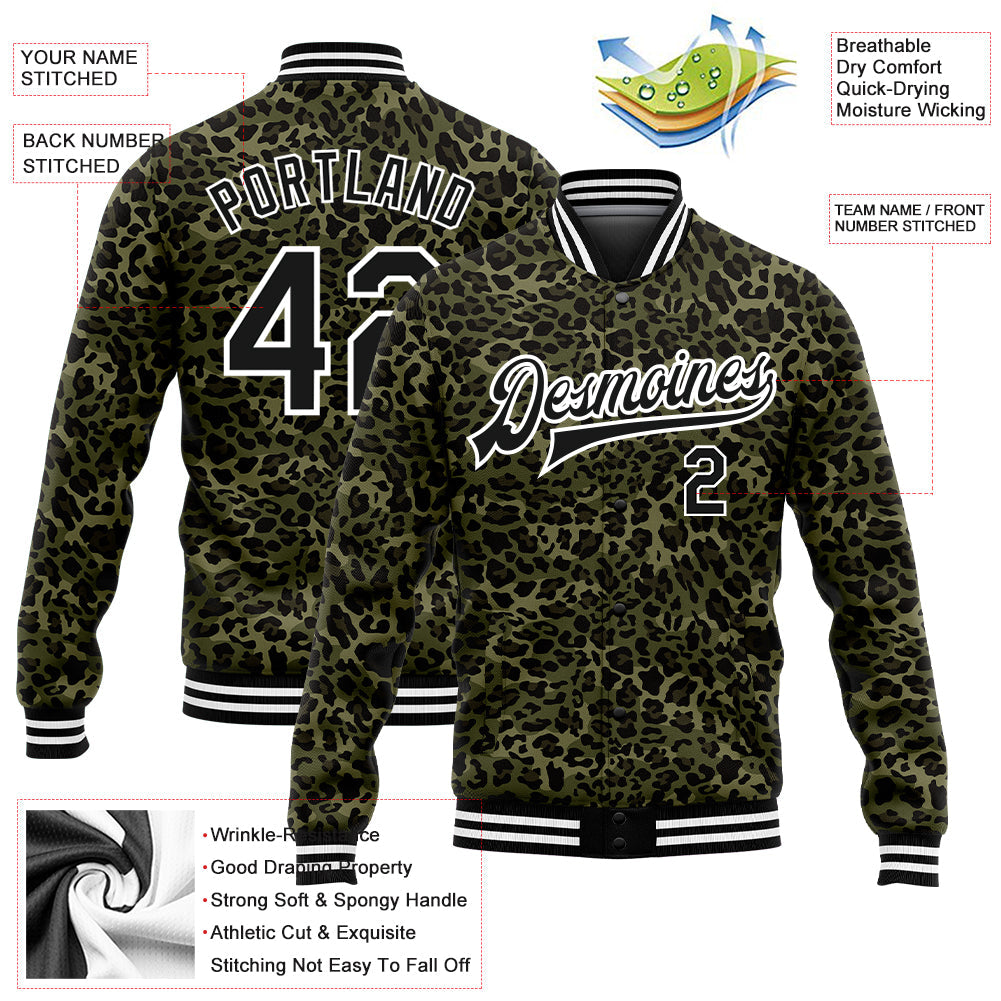 Custom Camo Black-White Leopard Print 3D Pattern Design Bomber Full-Snap Varsity Letterman Salute To Service Jacket view 5