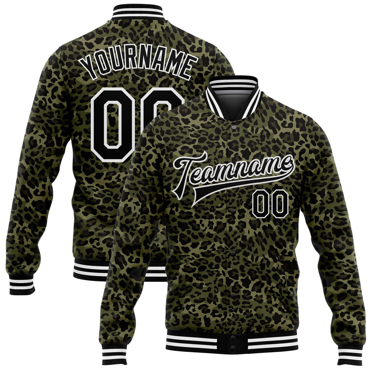 Custom Camo Black-White Leopard Print 3D Pattern Design Bomber Full-Snap Varsity Letterman Salute To Service Jacket - Main View