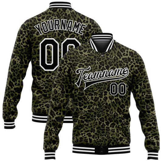 Custom Camo Black-White Leopard Print 3D Pattern Design Bomber Full-Snap Varsity Letterman Salute To Service Jacket - Main View