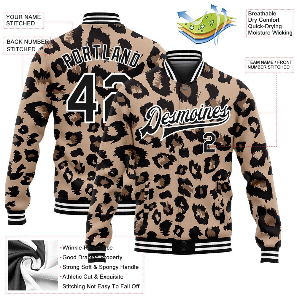 Custom Brown Black-White Leopard Print 3D Pattern Design Bomber Full-Snap Varsity Letterman Jacket view 5