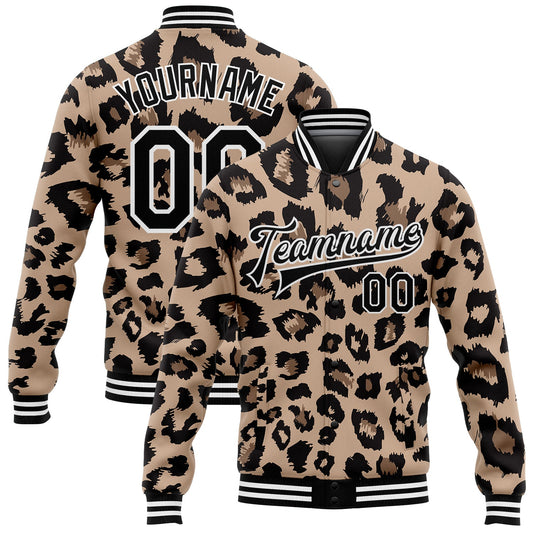 Custom Brown Black-White Leopard Print 3D Pattern Design Bomber Full-Snap Varsity Letterman Jacket - Main View