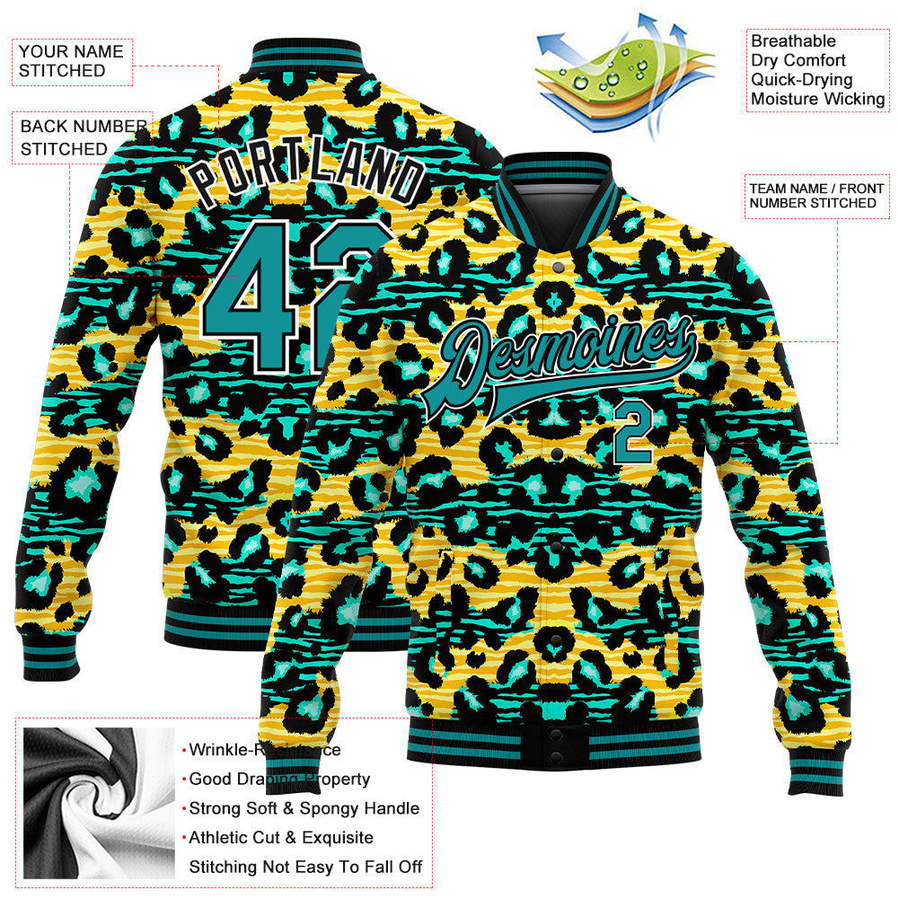 Custom Gold Teal-Black Leopard And Zebra Print 3D Pattern Design Bomber Full-Snap Varsity Letterman Jacket view 5