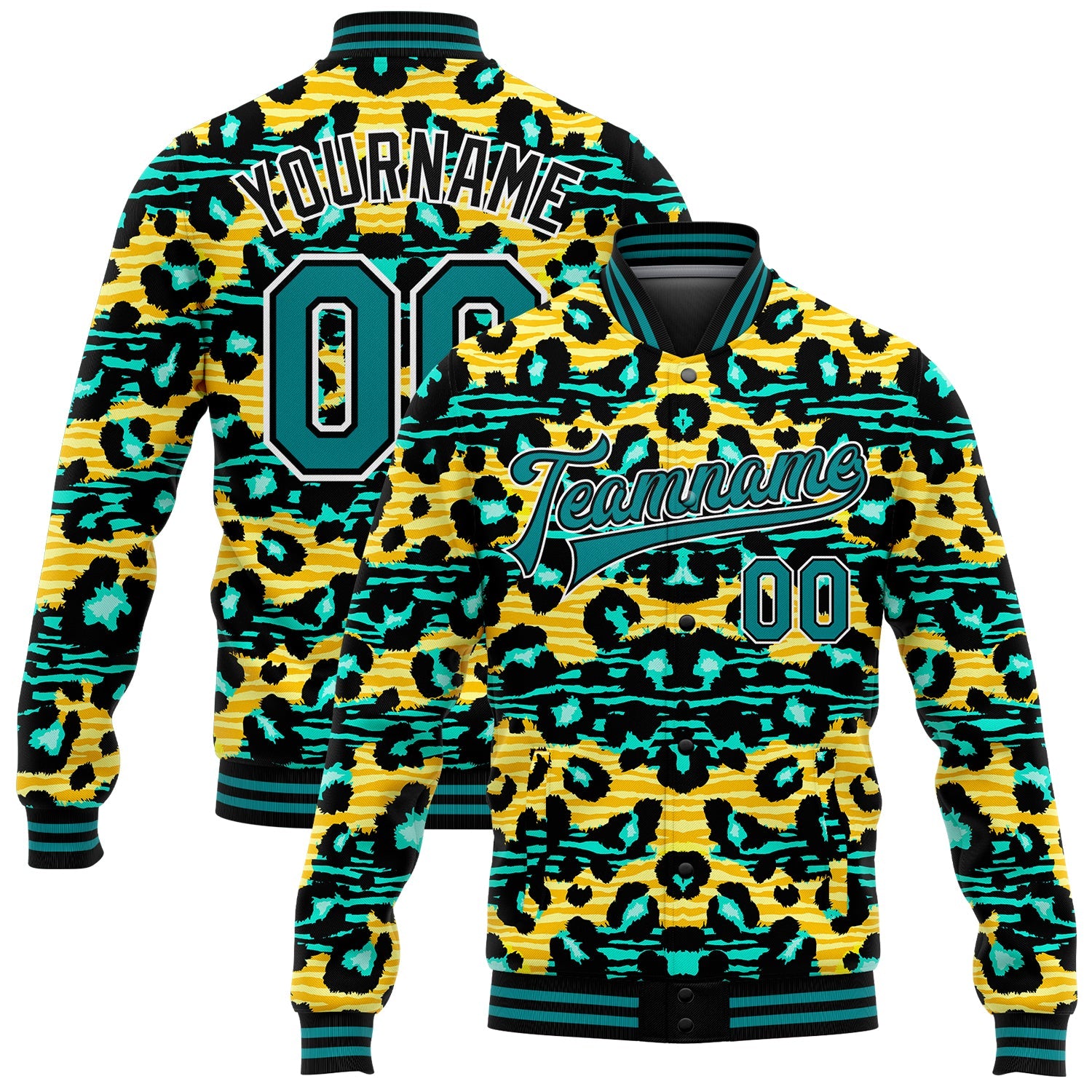 Custom Gold Teal-Black Leopard And Zebra Print 3D Pattern Design Bomber Full-Snap Varsity Letterman Jacket - Main View