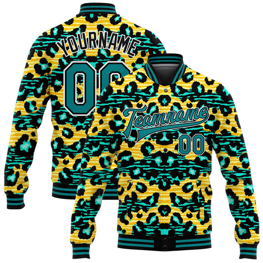 Custom Gold Teal-Black Leopard And Zebra Print 3D Pattern Design Bomber Full-Snap Varsity Letterman Jacket - Main View