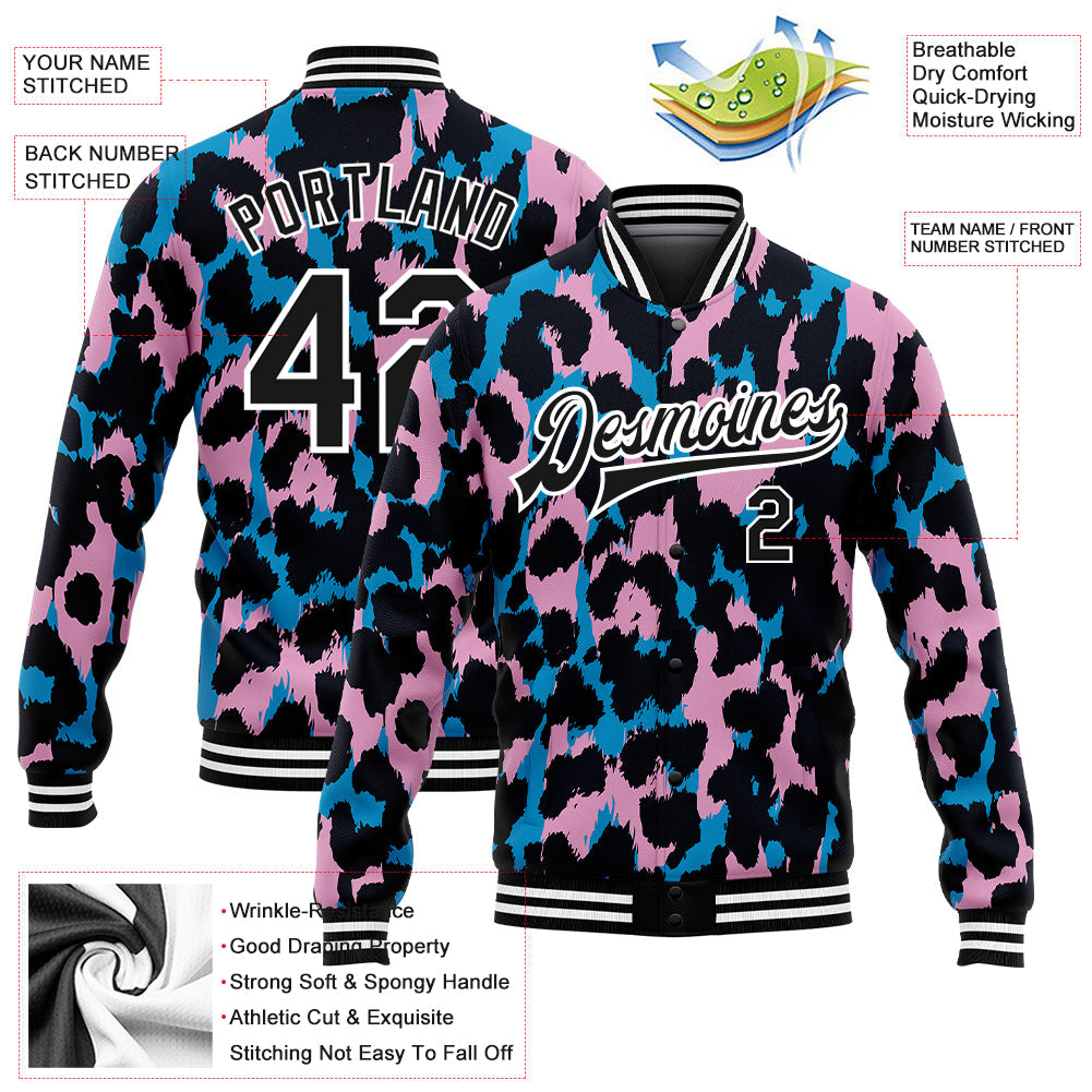 Custom Light Pink Black-White Leopard Print 3D Pattern Design Bomber Full-Snap Varsity Letterman Jacket view 5