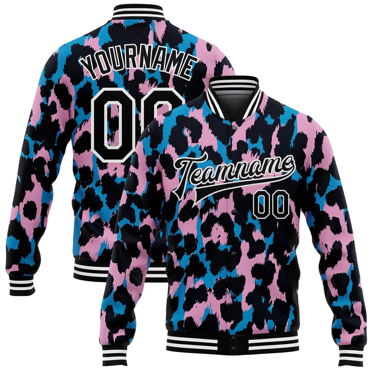Custom Light Pink Black-White Leopard Print 3D Pattern Design Bomber Full-Snap Varsity Letterman Jacket - Main View