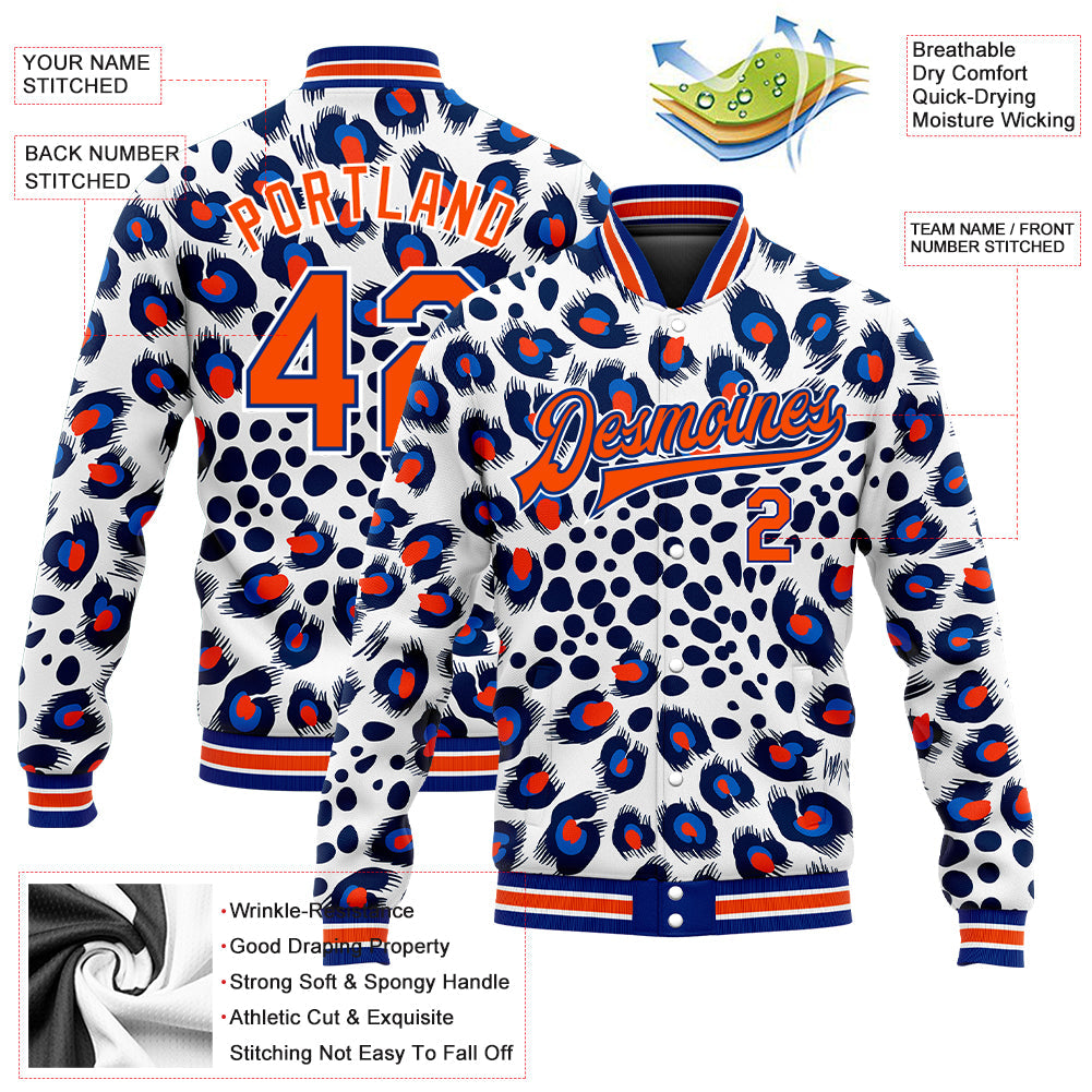 Custom White Orange-Royal Leopard Print 3D Pattern Design Bomber Full-Snap Varsity Letterman Jacket view 5