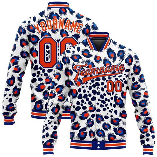Custom White Orange-Royal Leopard Print 3D Pattern Design Bomber Full-Snap Varsity Letterman Jacket - Main View