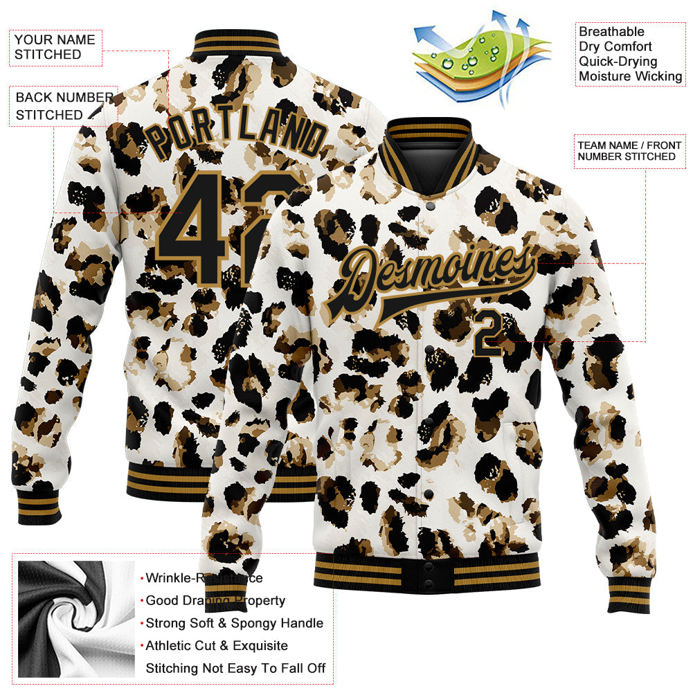Custom White Black-Old Gold Leopard Print 3D Pattern Design Bomber Full-Snap Varsity Letterman Jacket view 5
