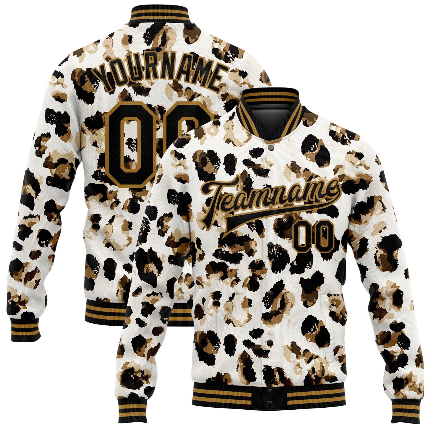 Custom White Black-Old Gold Leopard Print 3D Pattern Design Bomber Full-Snap Varsity Letterman Jacket - Main View