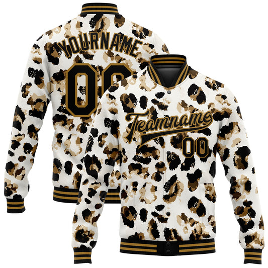 Custom White Black-Old Gold Leopard Print 3D Pattern Design Bomber Full-Snap Varsity Letterman Jacket - Main View