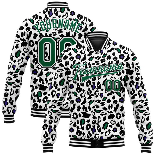 Custom White Kelly Green-Black Bright Leopard Print 3D Pattern Design Bomber Full-Snap Varsity Letterman Jacket - Main View