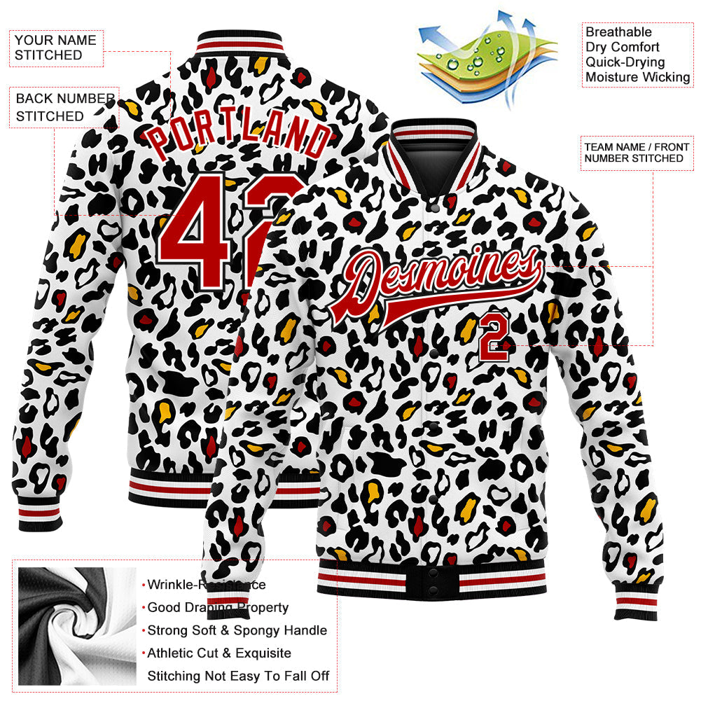 Custom White Red-Black Bright Leopard Print 3D Pattern Design Bomber Full-Snap Varsity Letterman Jacket view 5