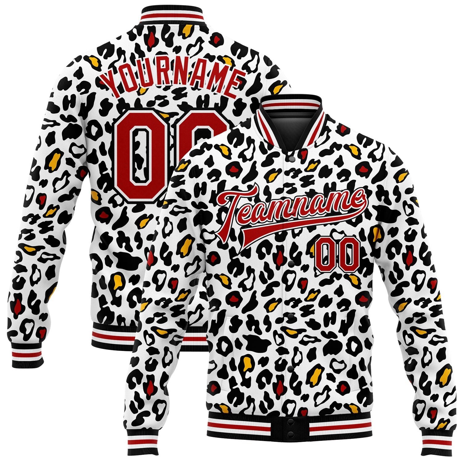 Custom White Red-Black Bright Leopard Print 3D Pattern Design Bomber Full-Snap Varsity Letterman Jacket - Main View