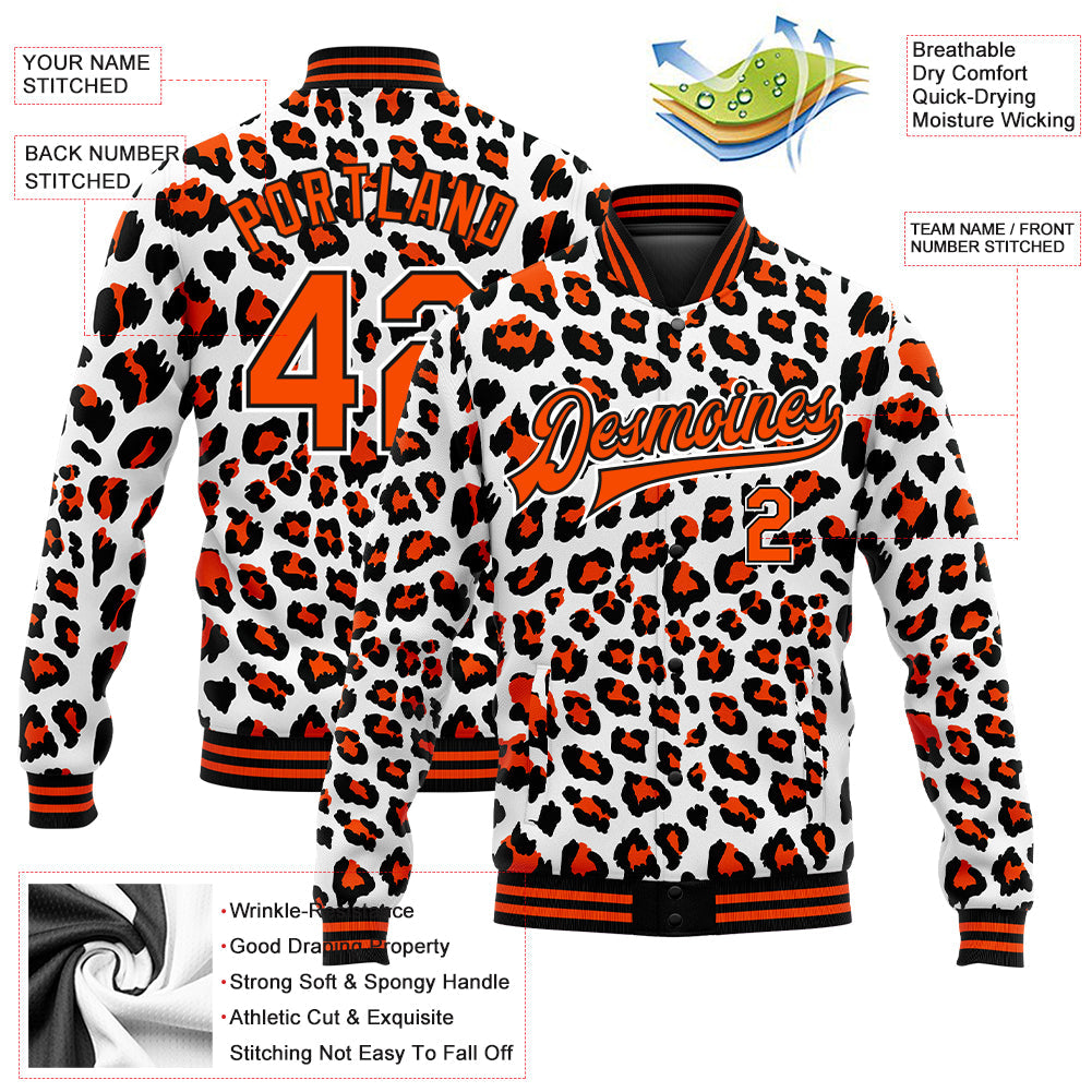 Custom White Orange-Black Leopard Print 3D Pattern Design Bomber Full-Snap Varsity Letterman Jacket view 5