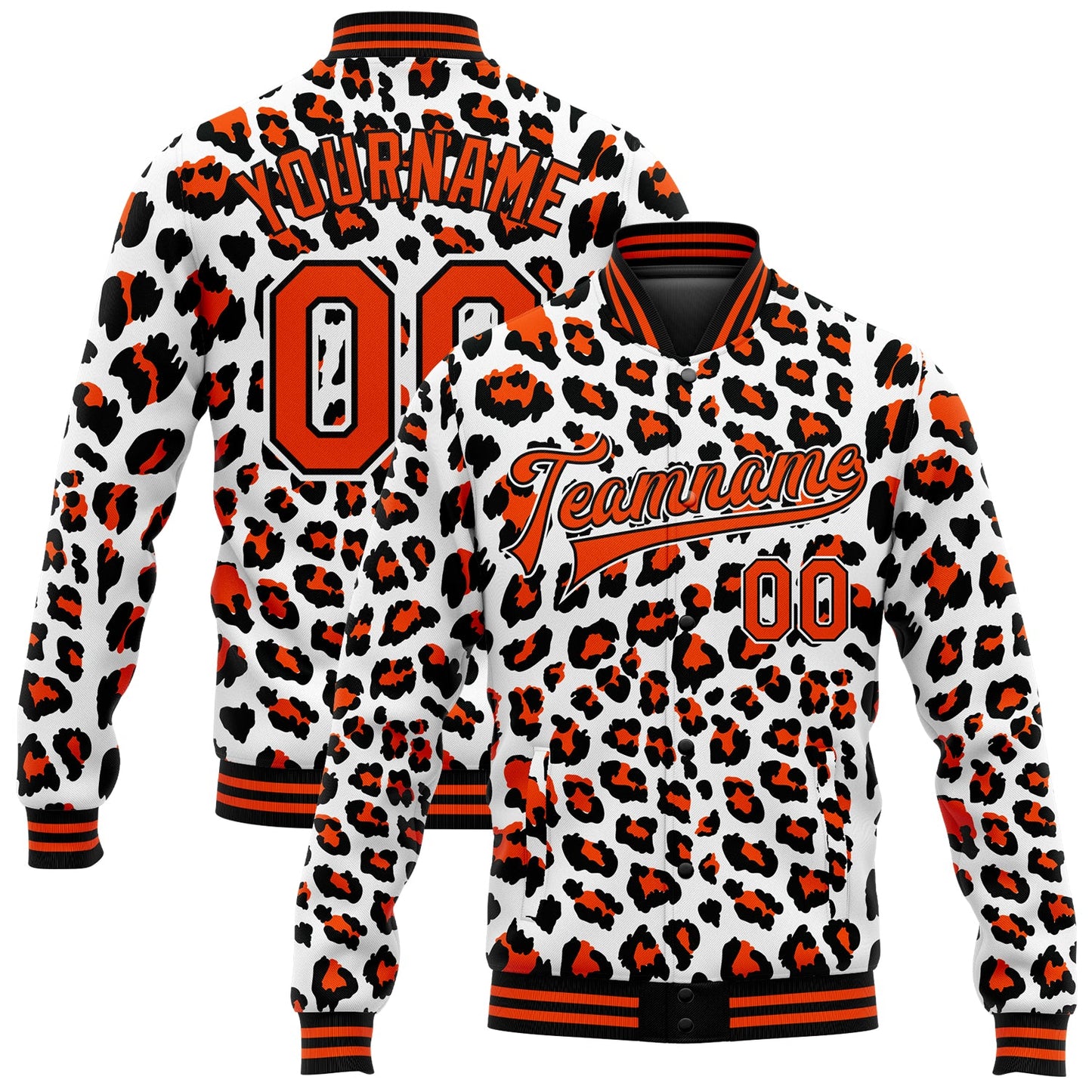Custom White Orange-Black Leopard Print 3D Pattern Design Bomber Full-Snap Varsity Letterman Jacket - Main View