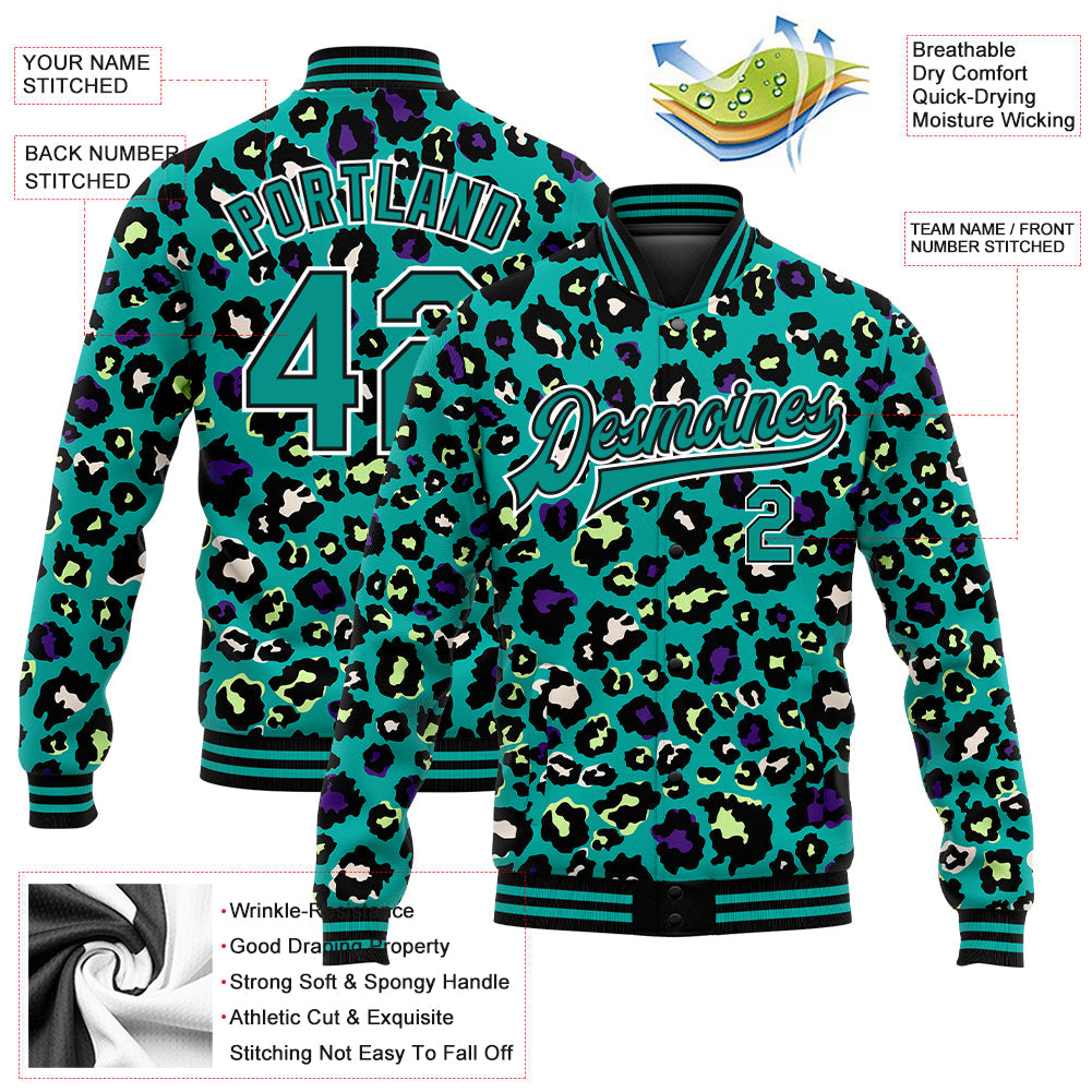 Custom Teal Black-White Leopard Print 3D Pattern Design Bomber Full-Snap Varsity Letterman Jacket view 5