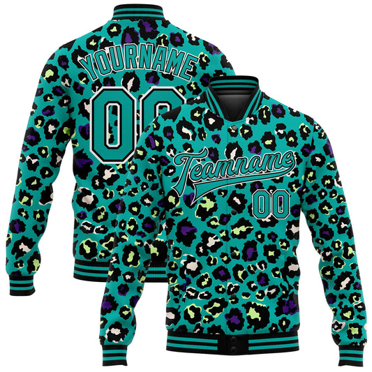 Custom Teal Black-White Leopard Print 3D Pattern Design Bomber Full-Snap Varsity Letterman Jacket - Main View