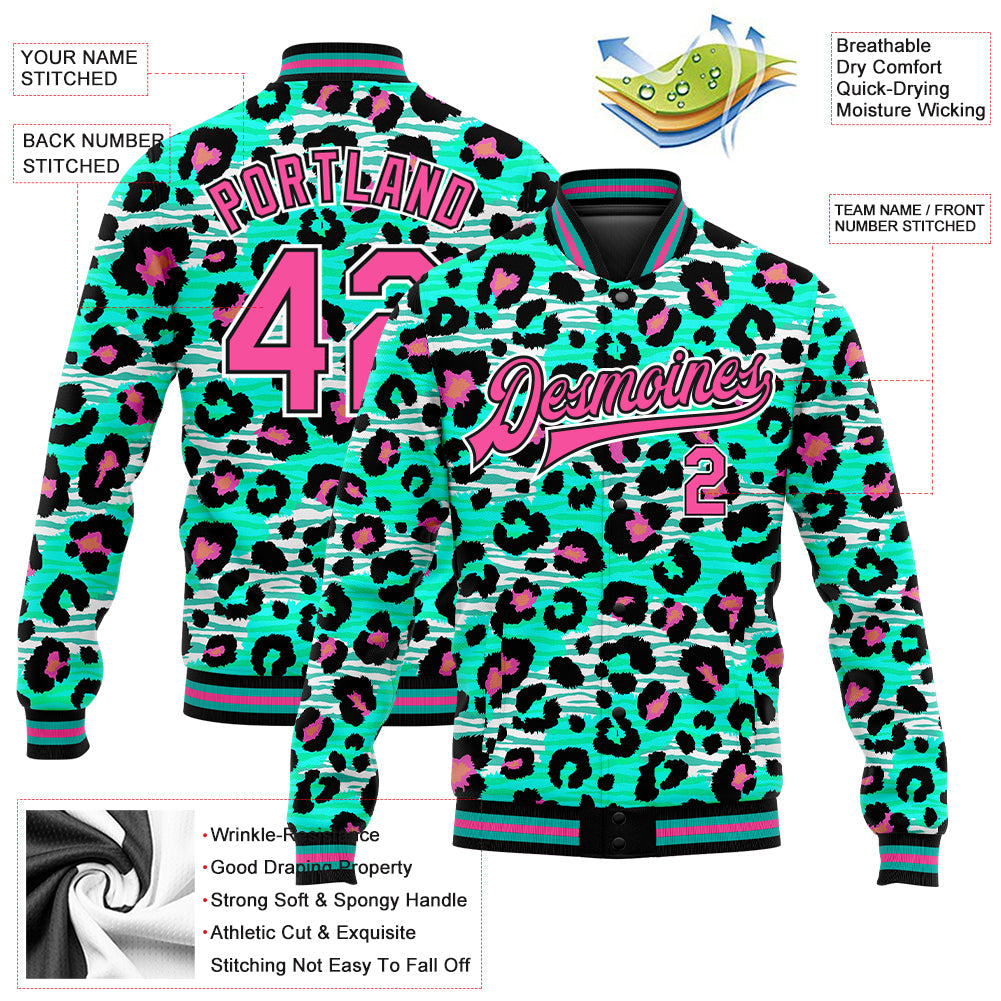 Custom Aqua Pink-Black Leopard Print 3D Pattern Design Bomber Full-Snap Varsity Letterman Jacket view 5