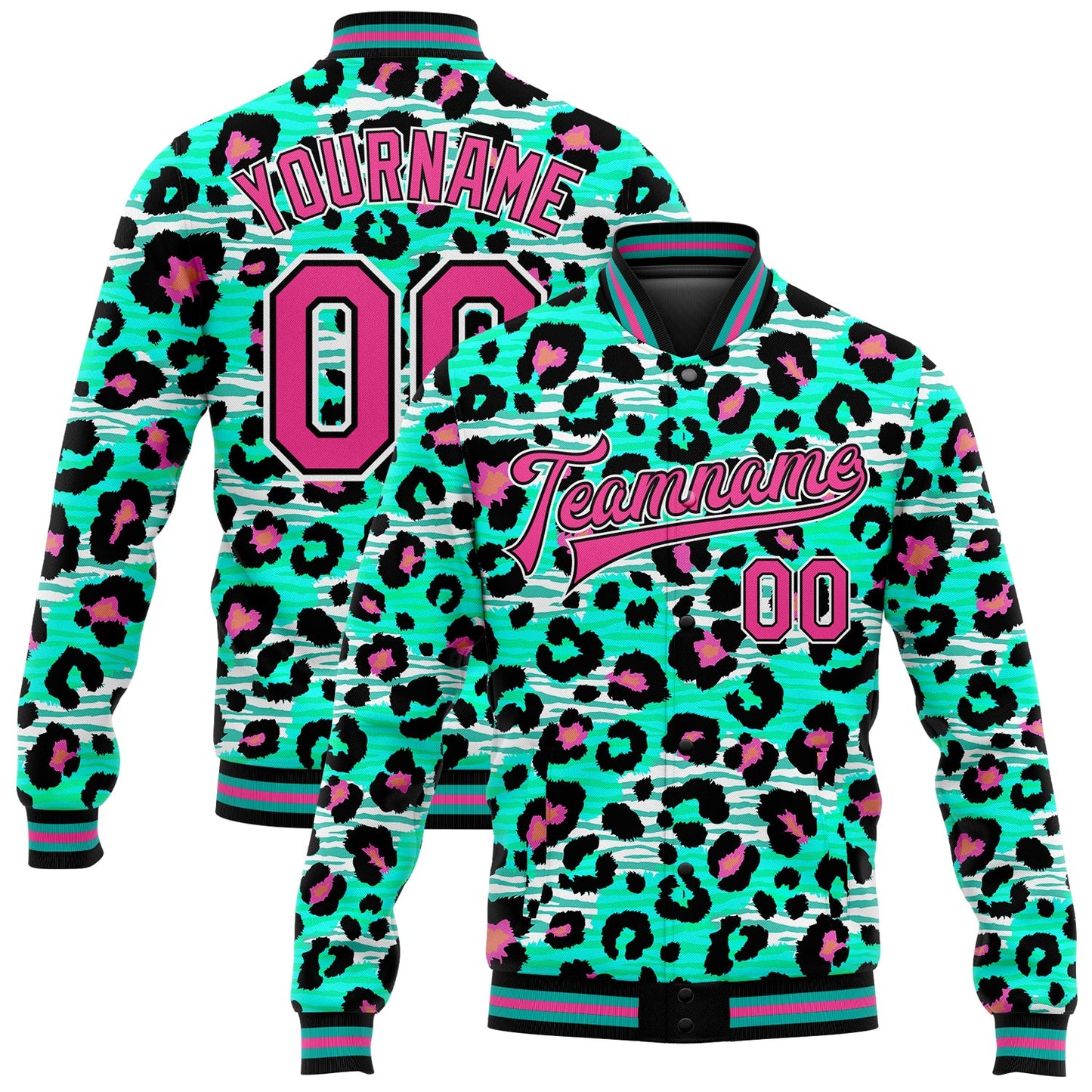Custom Aqua Pink-Black Leopard Print 3D Pattern Design Bomber Full-Snap Varsity Letterman Jacket - Main View