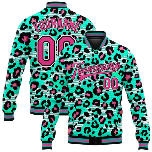 Custom Aqua Pink-Black Leopard Print 3D Pattern Design Bomber Full-Snap Varsity Letterman Jacket - Main View
