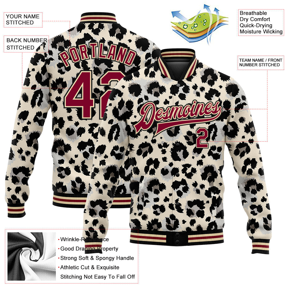 Custom City Cream Crimson-Black Leopard Print 3D Pattern Design Bomber Full-Snap Varsity Letterman Jacket view 5