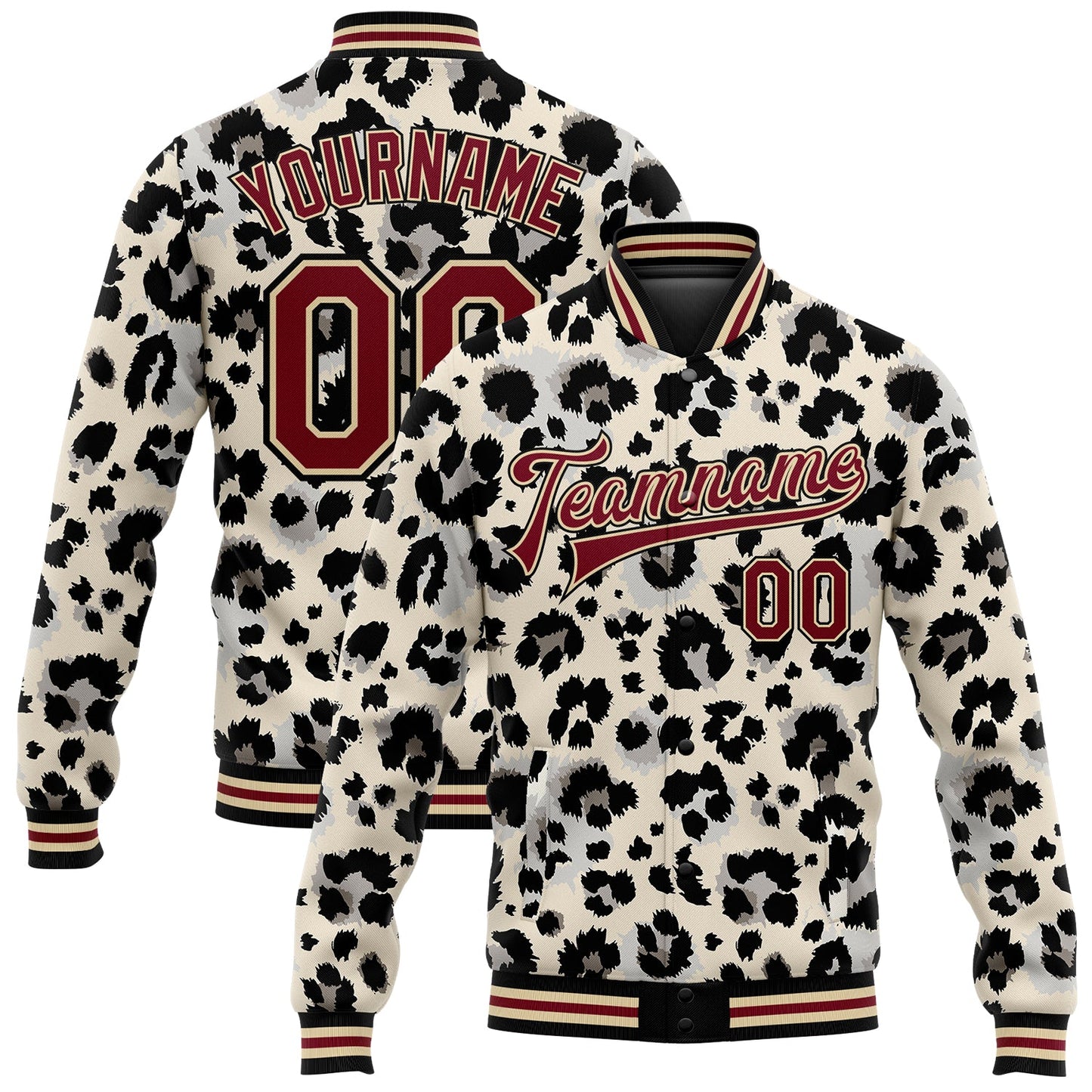 Custom City Cream Crimson-Black Leopard Print 3D Pattern Design Bomber Full-Snap Varsity Letterman Jacket - Main View