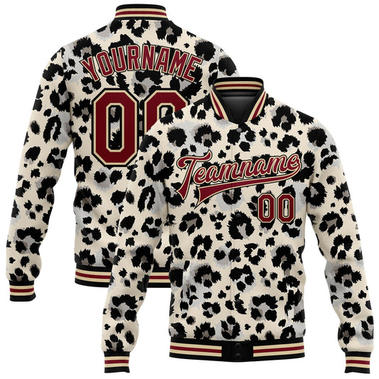 Custom City Cream Crimson-Black Leopard Print 3D Pattern Design Bomber Full-Snap Varsity Letterman Jacket - Main View