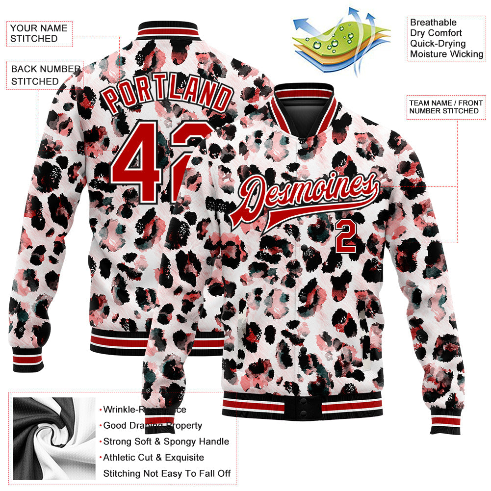 Custom White Red-Black Leopard Print 3D Pattern Design Bomber Full-Snap Varsity Letterman Jacket view 5