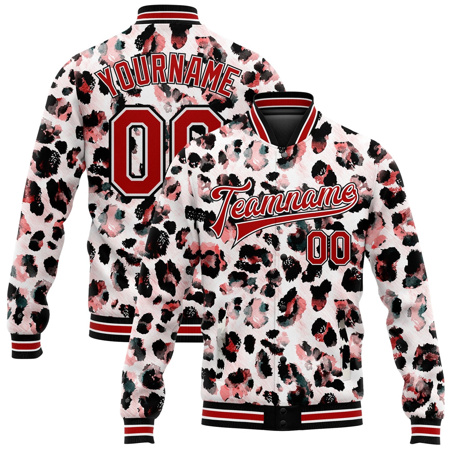 Custom White Red-Black Leopard Print 3D Pattern Design Bomber Full-Snap Varsity Letterman Jacket - Main View