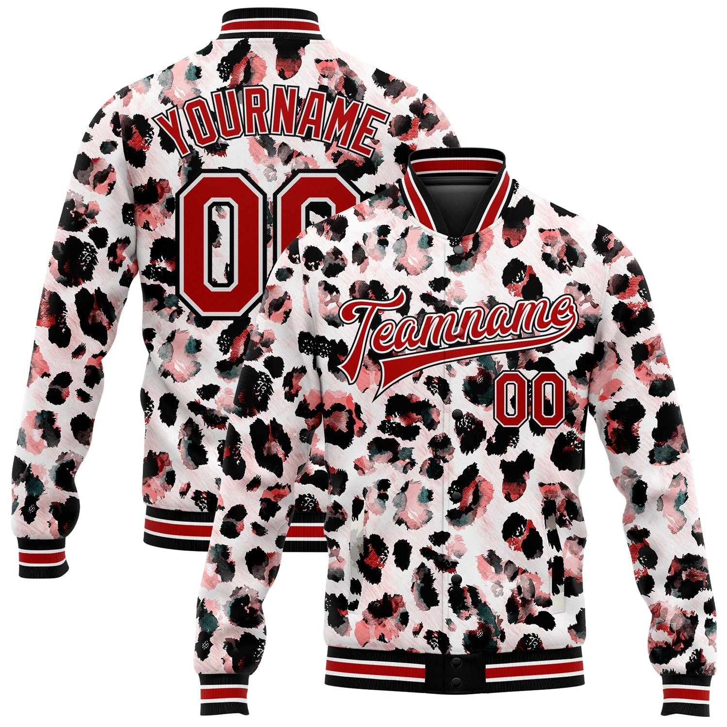 Custom White Red-Black Leopard Print 3D Pattern Design Bomber Full-Snap Varsity Letterman Jacket - Main View