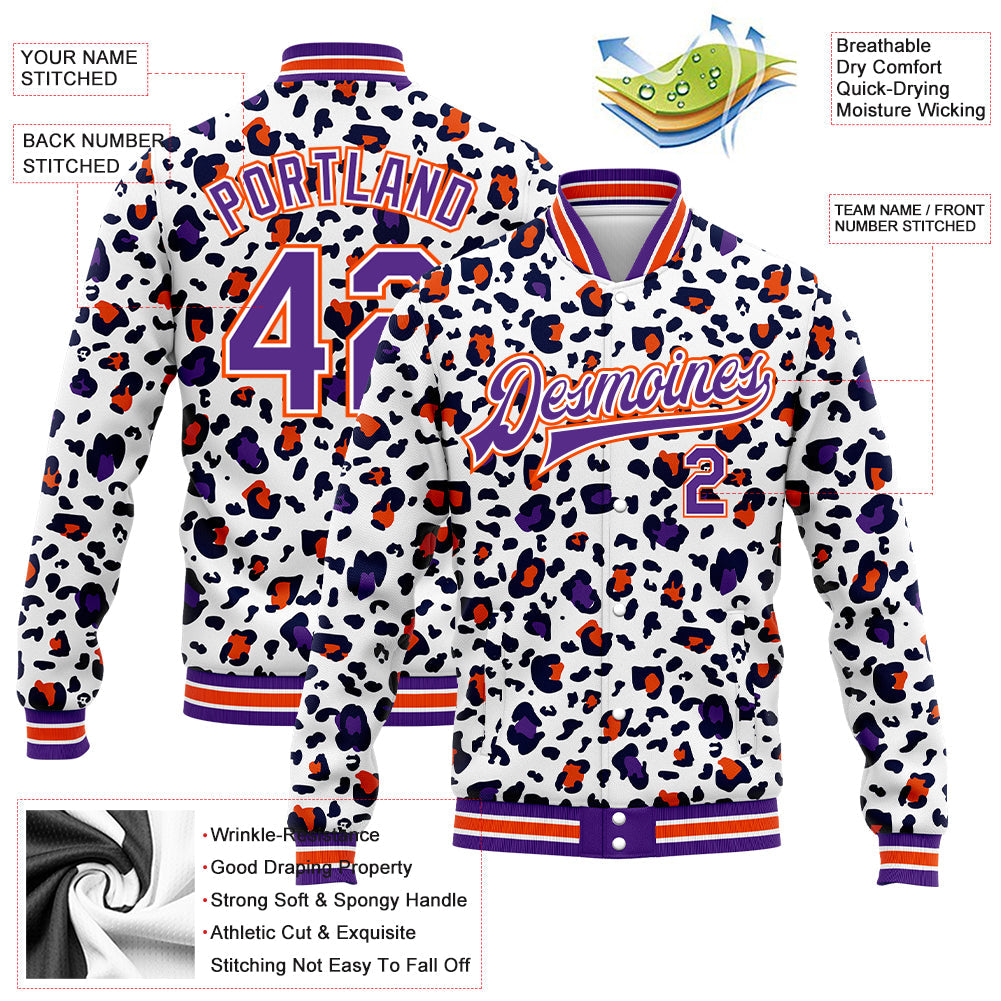 Custom White Purple-Orange Leopard Print 3D Pattern Design Bomber Full-Snap Varsity Letterman Jacket view 5