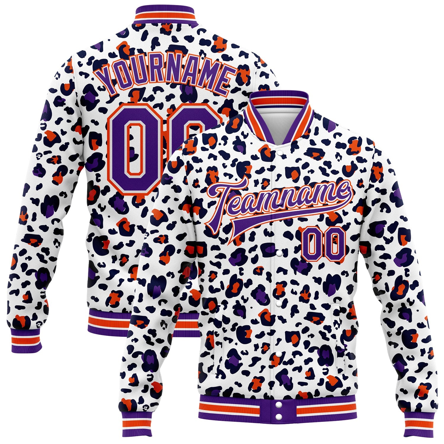 Custom White Purple-Orange Leopard Print 3D Pattern Design Bomber Full-Snap Varsity Letterman Jacket - Main View