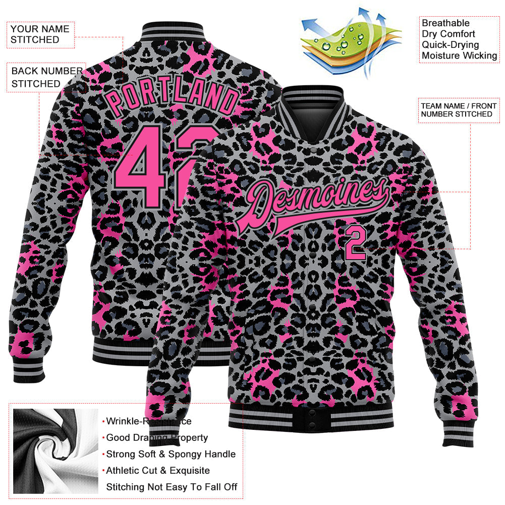 Custom Gray Pink-Black Leopard Print 3D Pattern Design Bomber Full-Snap Varsity Letterman Jacket view 5
