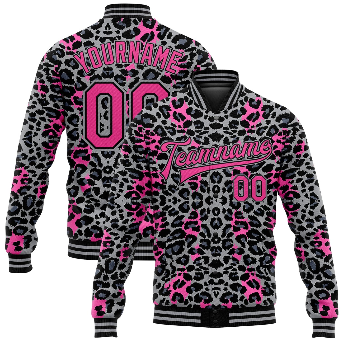Custom Gray Pink-Black Leopard Print 3D Pattern Design Bomber Full-Snap Varsity Letterman Jacket - Main View