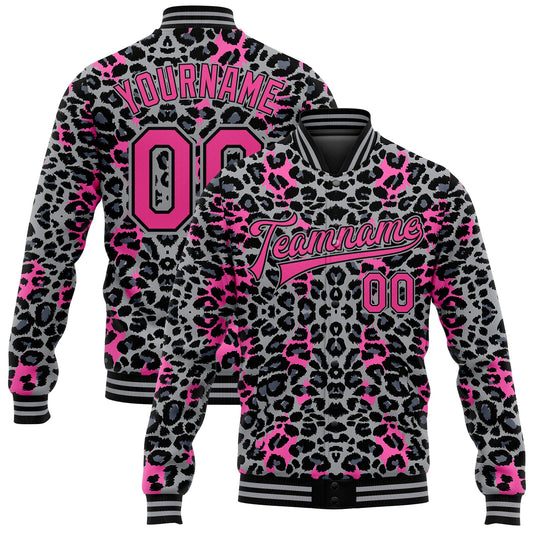 Custom Gray Pink-Black Leopard Print 3D Pattern Design Bomber Full-Snap Varsity Letterman Jacket - Main View