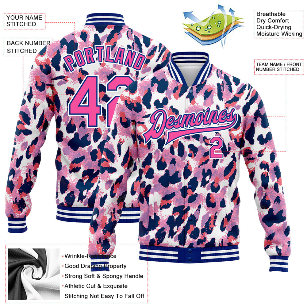 Custom White Pink-Royal Leopard Print 3D Pattern Design Bomber Full-Snap Varsity Letterman Jacket view 5