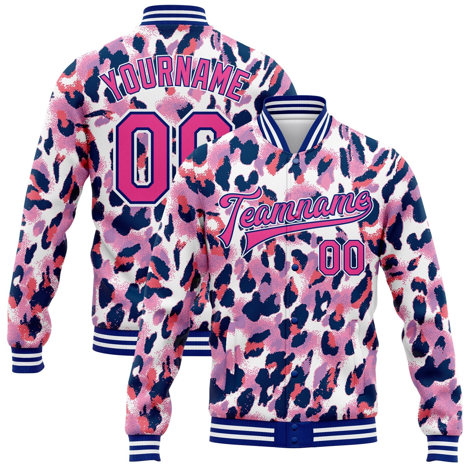 Custom White Pink-Royal Leopard Print 3D Pattern Design Bomber Full-Snap Varsity Letterman Jacket - Main View