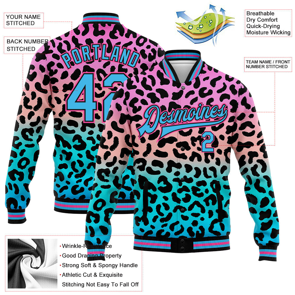 Custom Pink Sky Blue-Black Leopard Print 3D Pattern Design Bomber Full-Snap Varsity Letterman Jacket view 5