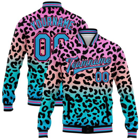 Custom Pink Sky Blue-Black Leopard Print 3D Pattern Design Bomber Full-Snap Varsity Letterman Jacket - Main View