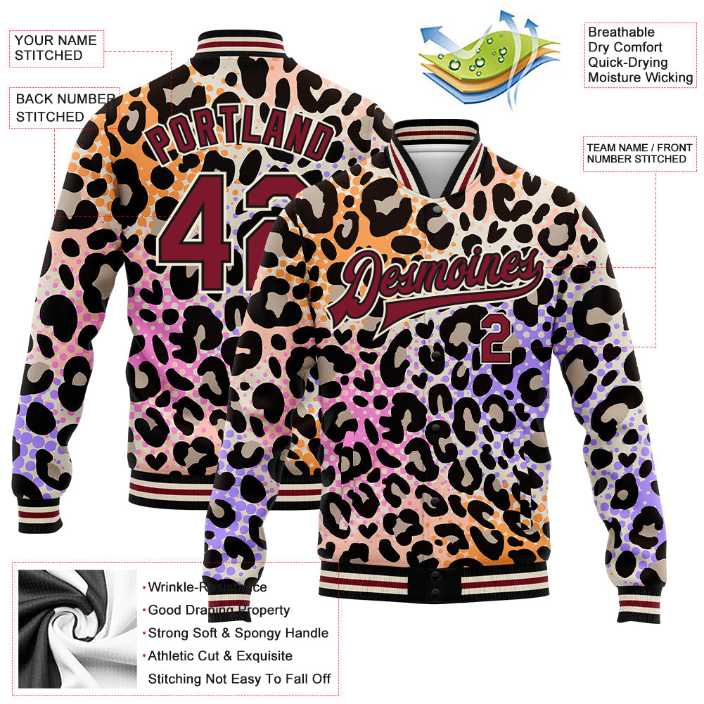Custom City Cream Crimson-Black Leopard Print 3D Pattern Design Bomber Full-Snap Varsity Letterman Jacket view 5